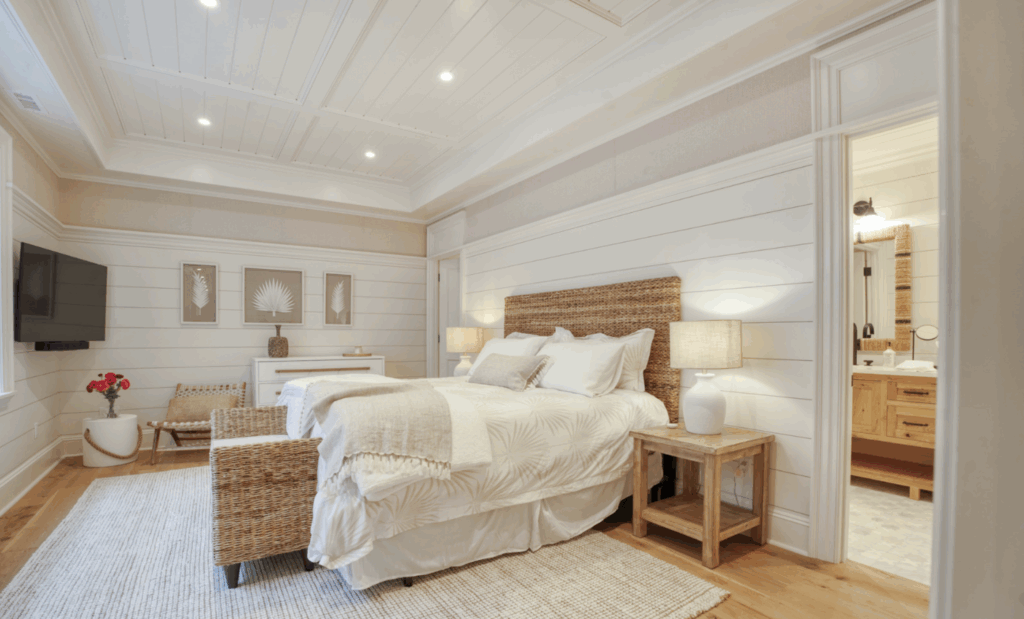 A neutral, coastal-inspired guest bedroom designed by Salty Havens 